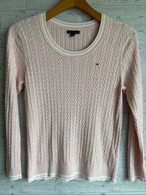 Tommy Hilfiger Pink Crewneck Cable Knit Sweater Women's XL Tennis Prep Varsity